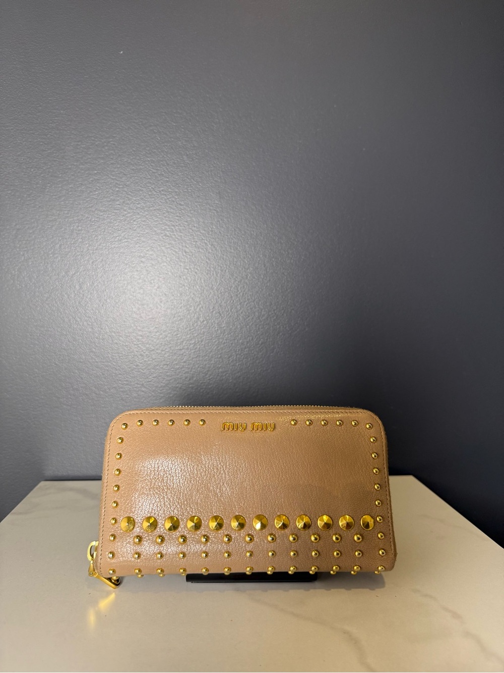 Miu Miu Beige Leather Zip Wallet with Gold Studs